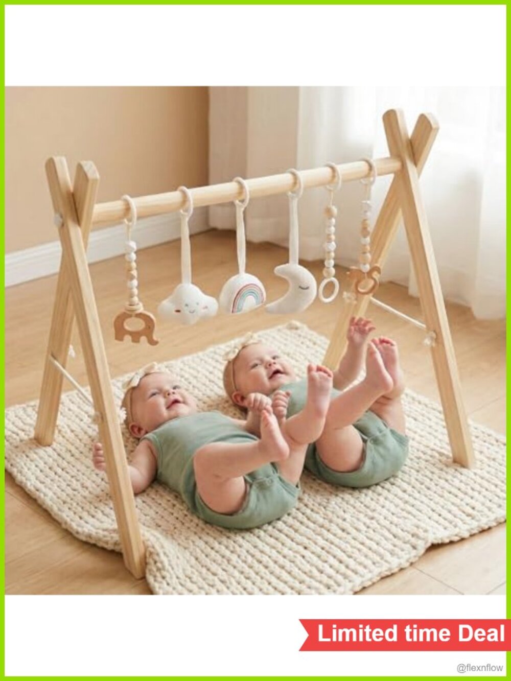 Wooden Baby Gym Foldable Play Gym with 6 Sensory Toys Pine Wood Activity Center